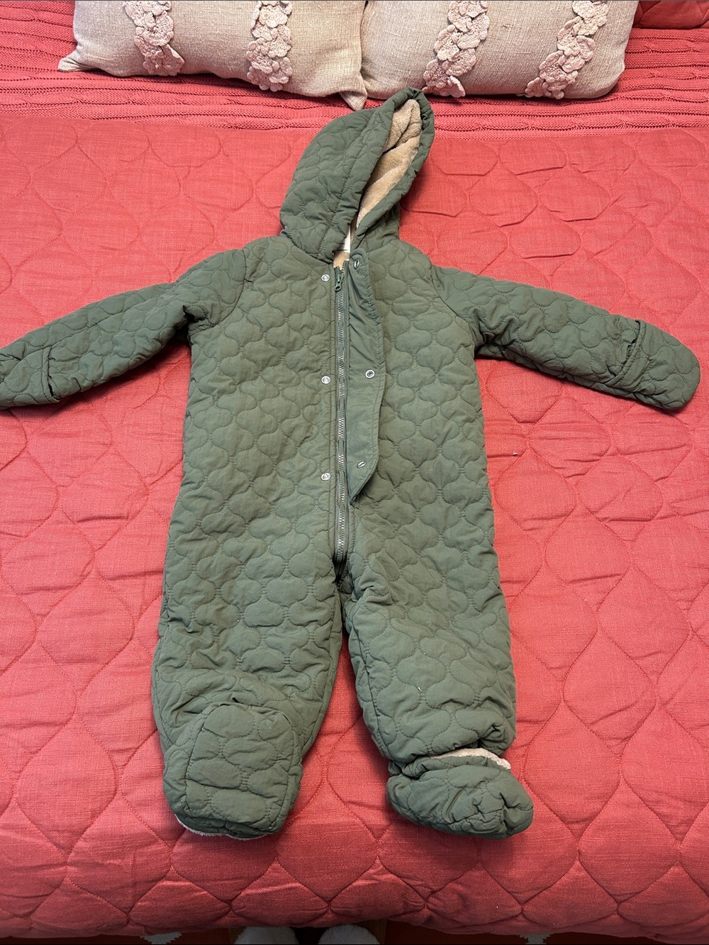 First Impressions Quilted Sage Green Hooded Baby Snowsuit